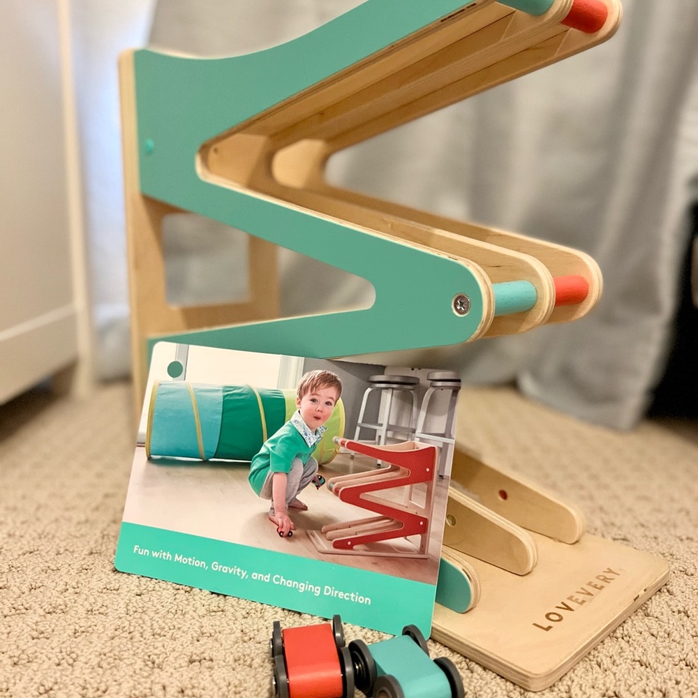 Lovevery Race & Chase Ramp with cars and play guide card